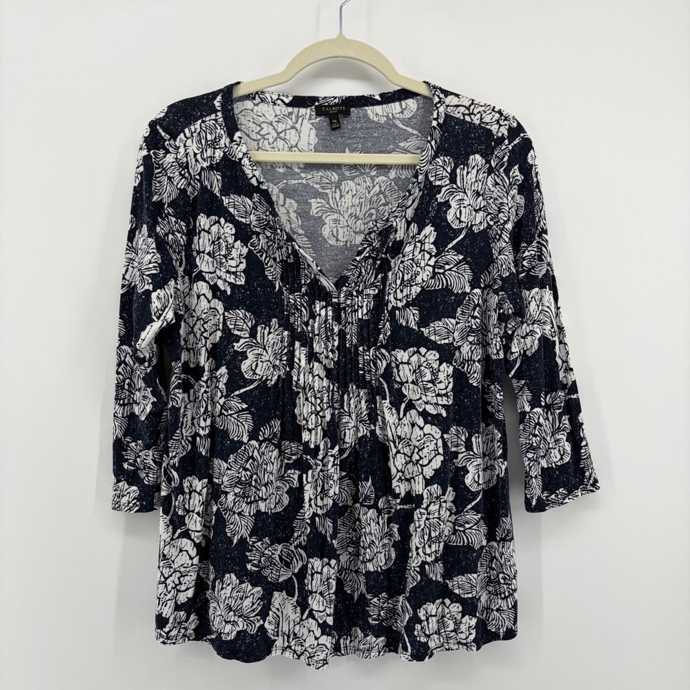 Talbots Floral Blouse‎ Navy Blue Womens MP Petite 3/4 Sleeve Pintuck Split Neck